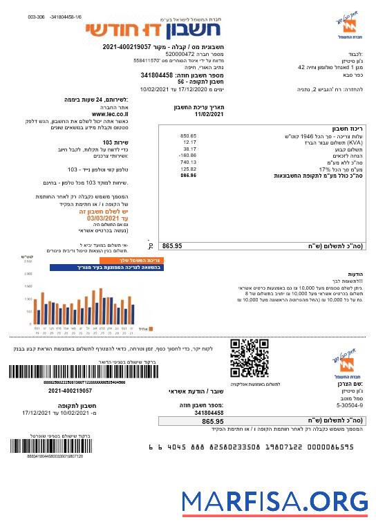 Printable Israel Electric Corporation (Hebrew) real example